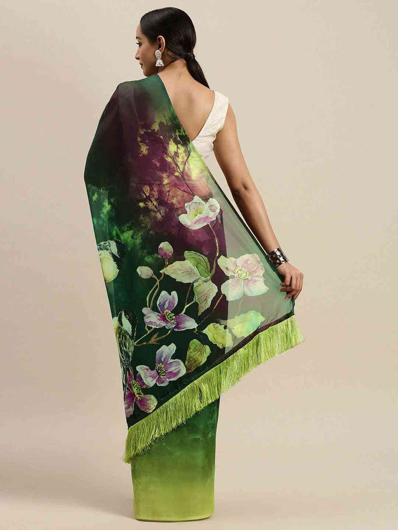 Green Colour Floral Printed Tebi Silk Saree With Resham Tassel
