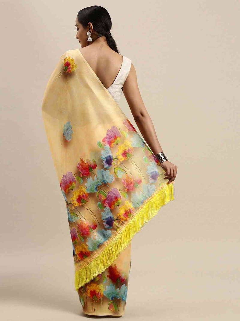 Light Yellow Floral Printed Tebi Silk Saree With Resham Tassel