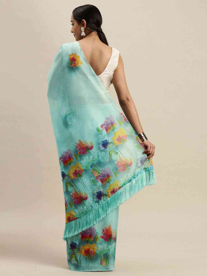 Blue Colour Floral Printed Tebi Silk Saree With Resham Tassel