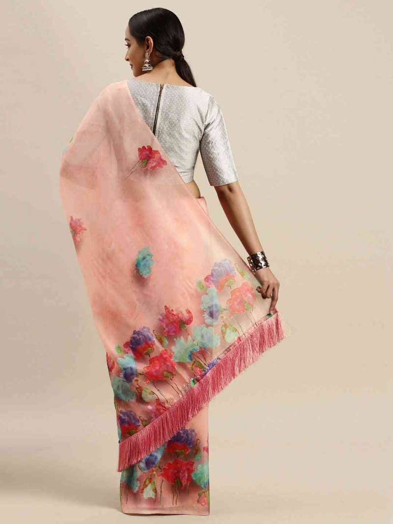 Peach Colour Floral Printed Tebi Silk Saree With Resham Tassel