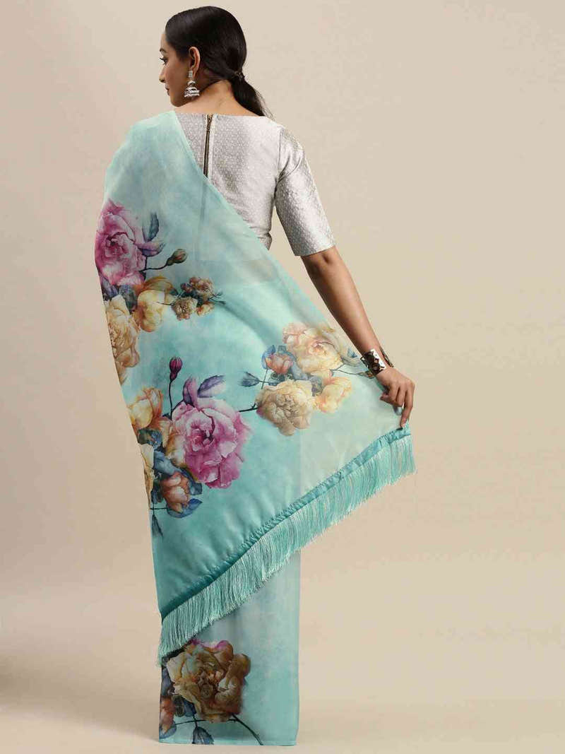 Turquoise Colour Floral Printed Tebi Silk Saree With Resham Tassel