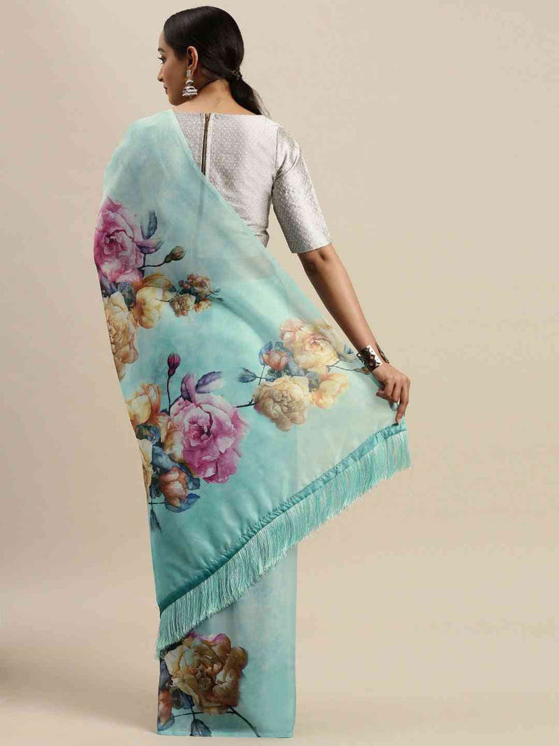Exclusive Celebrity Floral Print Silk Saree With Tassel