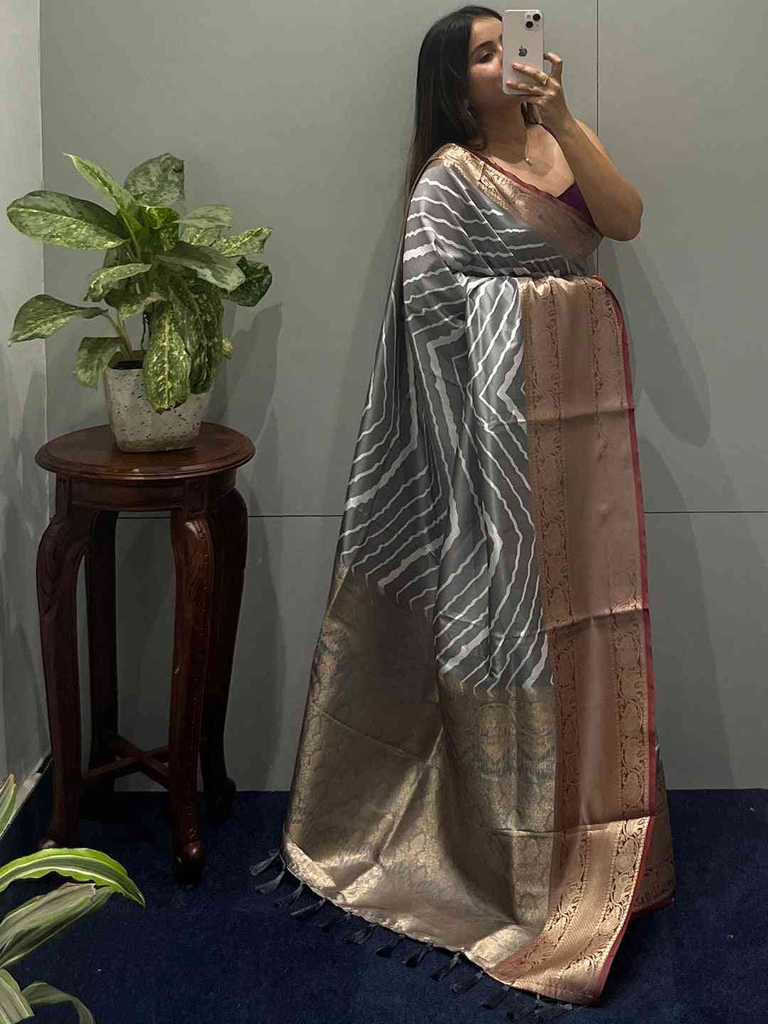 Full view of Kanchi Zari Border Leheriya Saree draped elegantly