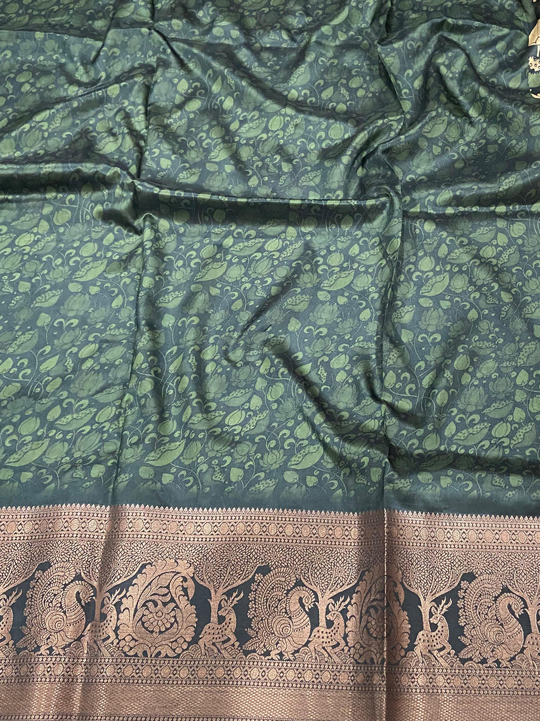 Bottle Green Soft Silk Kalamkari Saree