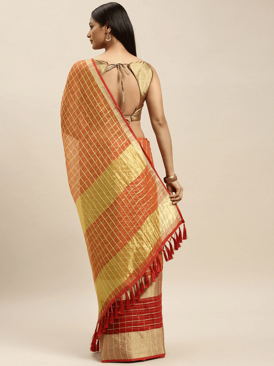 Orange Kota Doria saree with zari butti design, back view