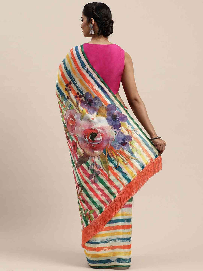 Vastranand Pure Silk Resham Tassel And Striped Work Saree