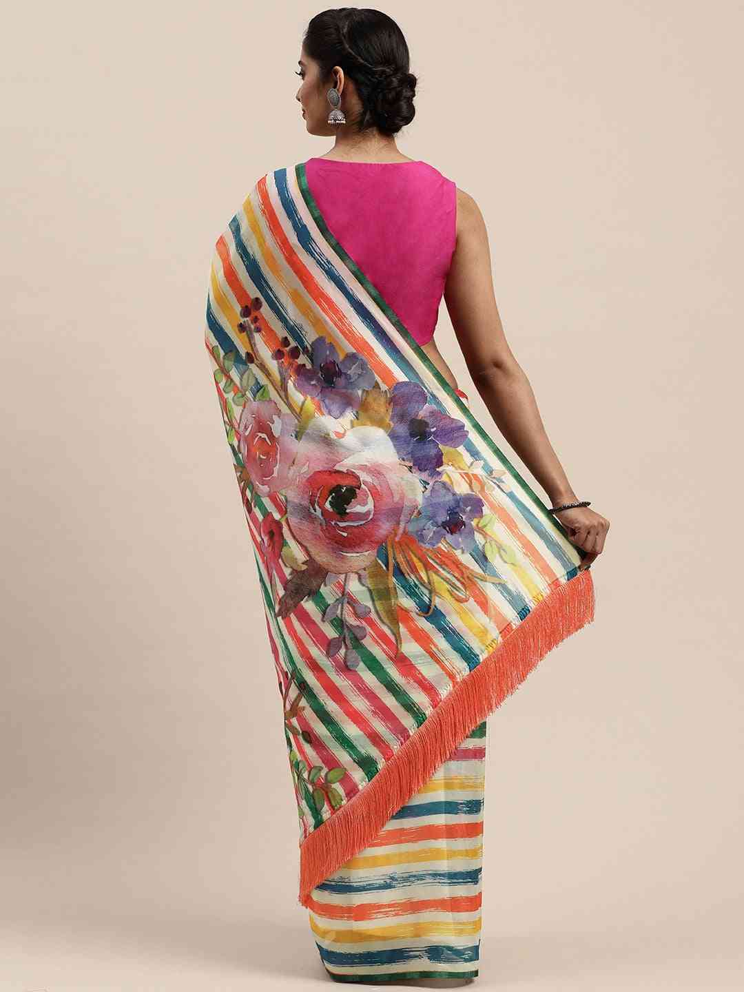 Vastranand Pure Silk Resham Tassel And Striped Work Saree