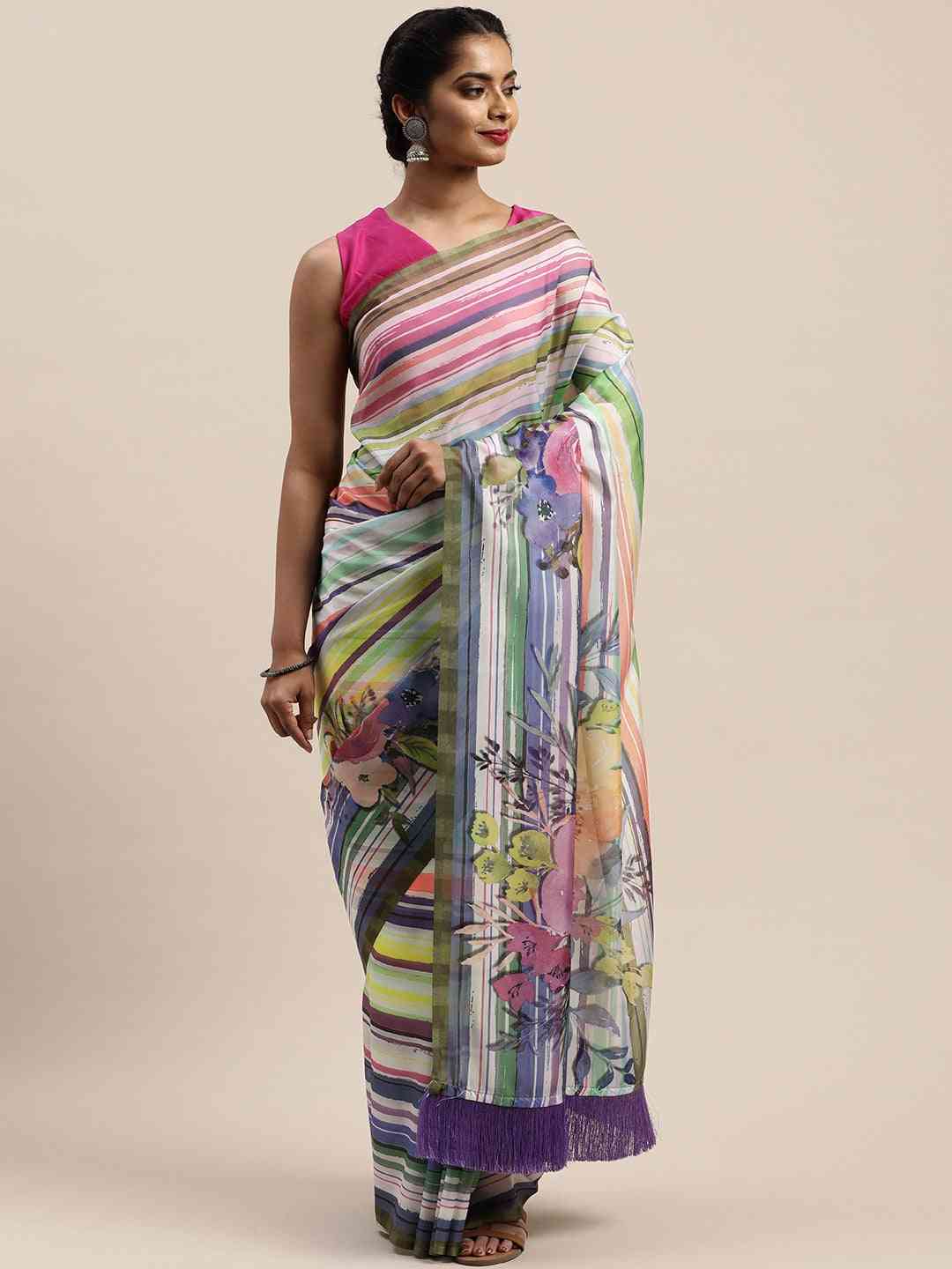 Exclusive Pure Silk Resham Tassel Saree With Striped Work