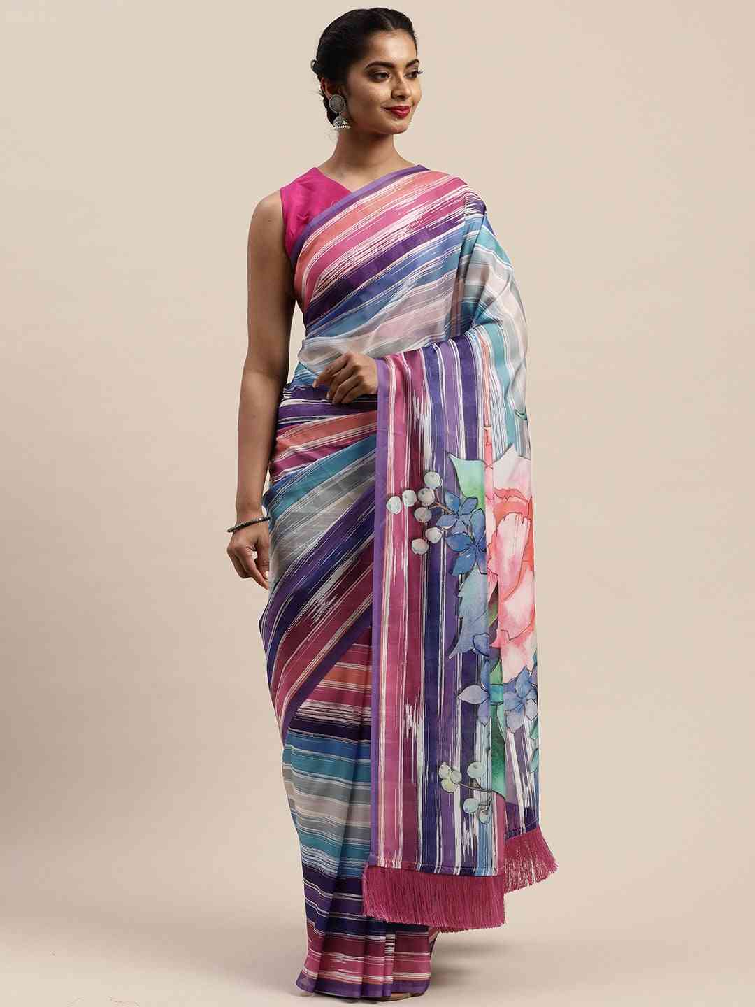 Vastranand Pure Silk Resham Tassel Saree With Striped Work