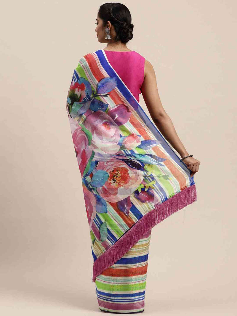 Soft Silk Resham Tassel And Striped Work Saree