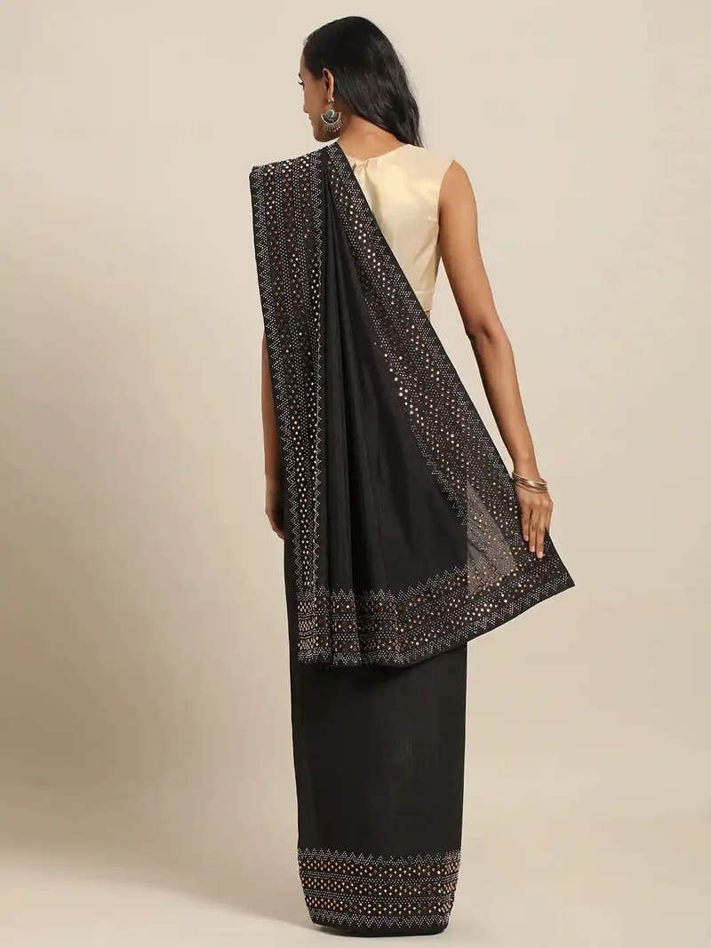 Stylish Black Solid And Stones Work Poly Silk Saree