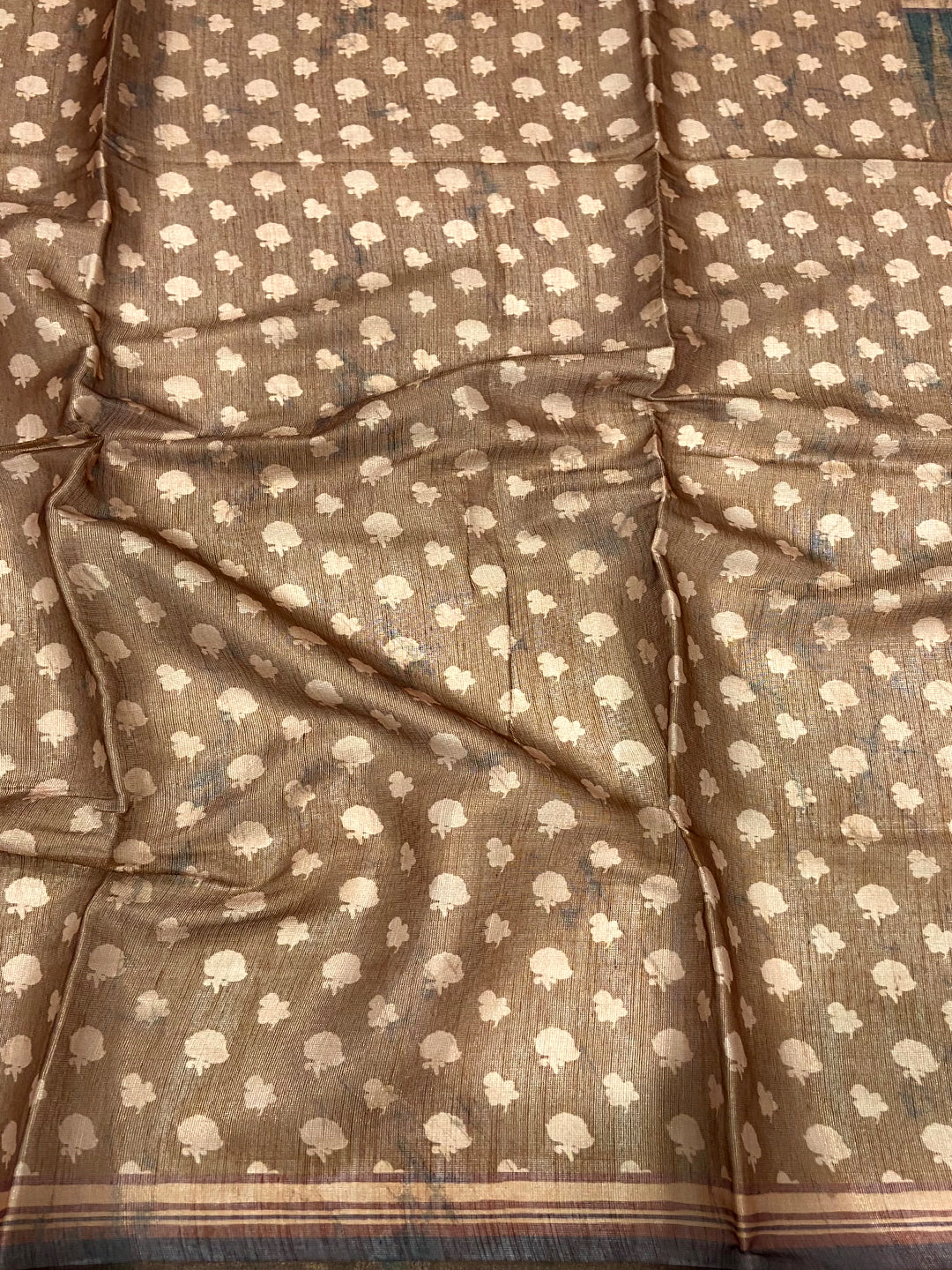 Coffee Brown Floral Stripes Tissue Saree