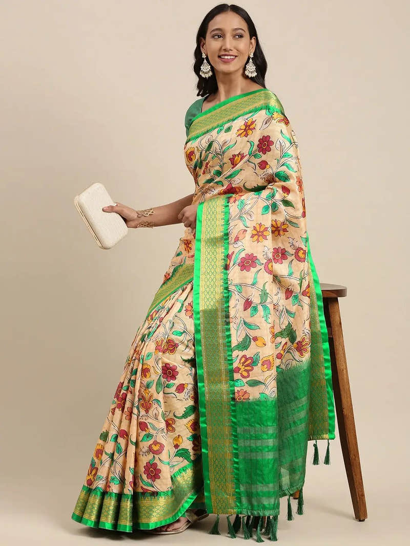 Attractive Lime Colour Kalamkari Digital Print Uppada Silk Saree