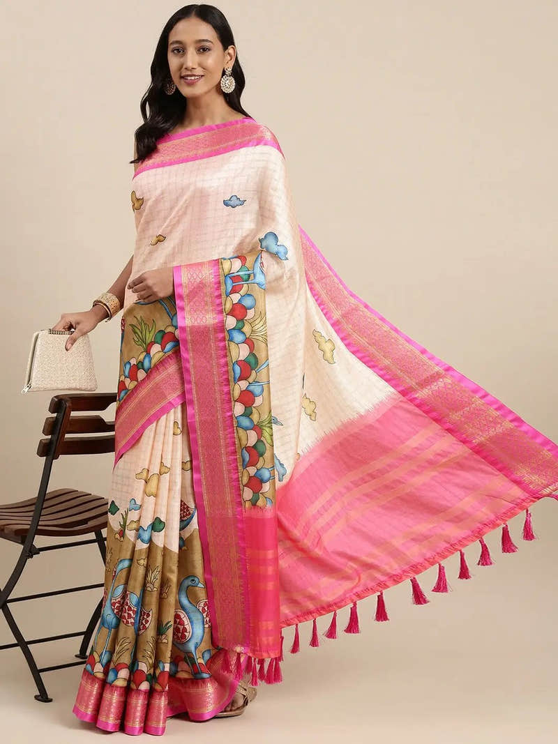 Pink Colour Kalamkari Digital Print Uppada Silk Saree
