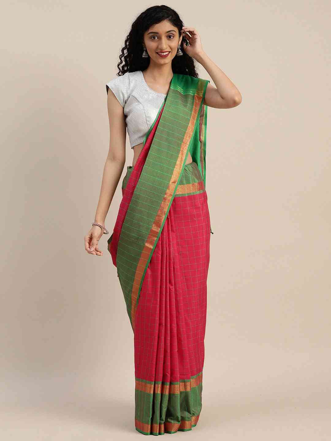 At Vastranand Stylish Silk Cotton Checked Zari Work Saree