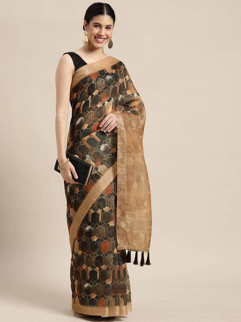 Exclusive Soft Linen Geometric Print Festive Wear Saree