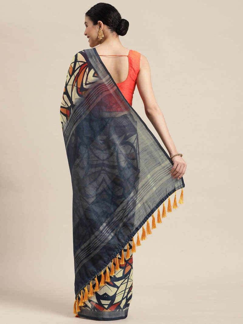 Yellow Colour Soft Linen Geometric Print Festive Wear Saree