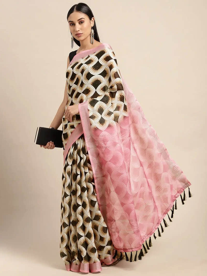 Exclusive Soft Linen Geometric Print Festive Wear Saree