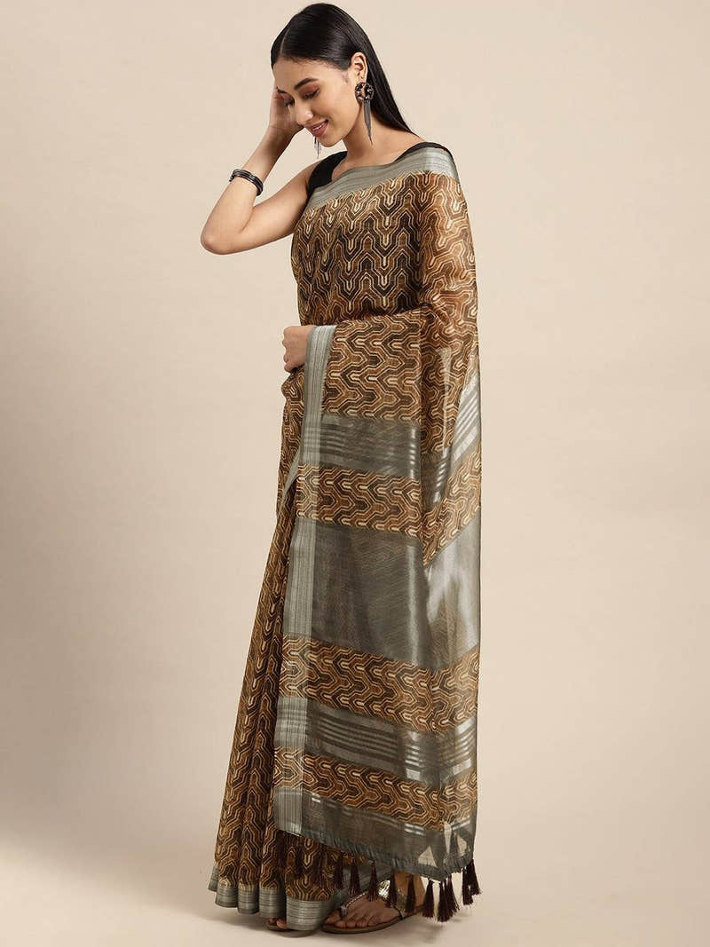 Brown Colour Soft Linen Digital Print Festive Wear Saree
