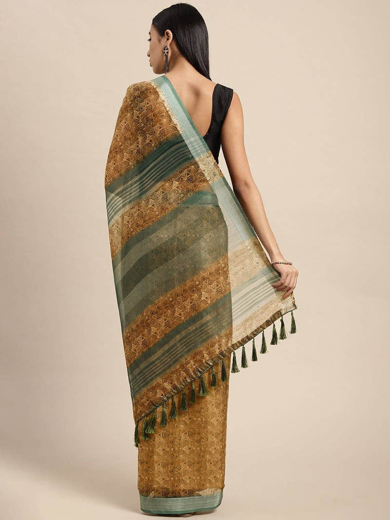 Exclusive Mustard Soft Linen Digital Print Festive Wear Saree