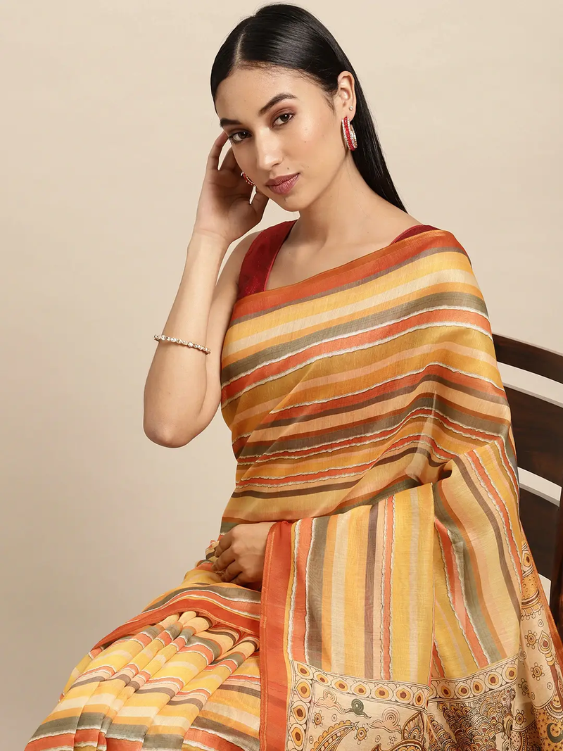 Traditional Digital Print Kalamkari Design Soft Linen Saree
