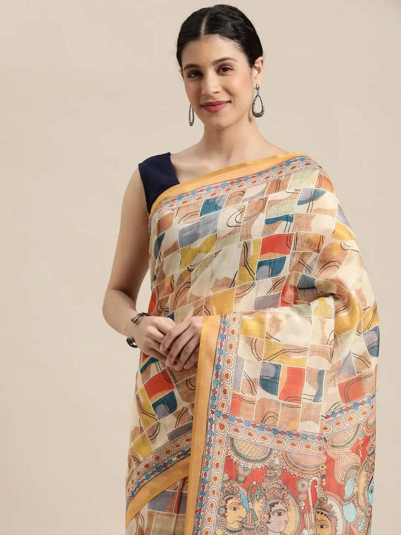 Stylish Digital Print Kalamkari Design Soft Linen Saree