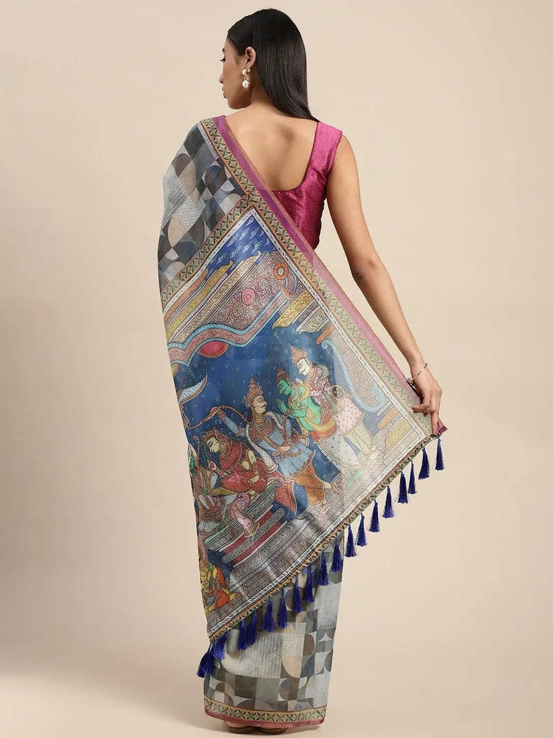 Beautiful Digital Print Kalamkari Design Soft Linen Saree