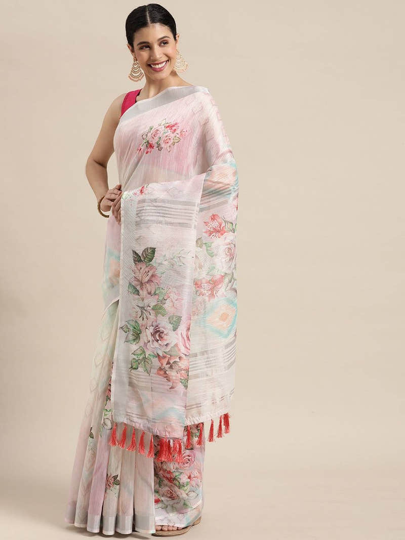 Beautiful White Colour Digital Flower Print Soft Linen Saree