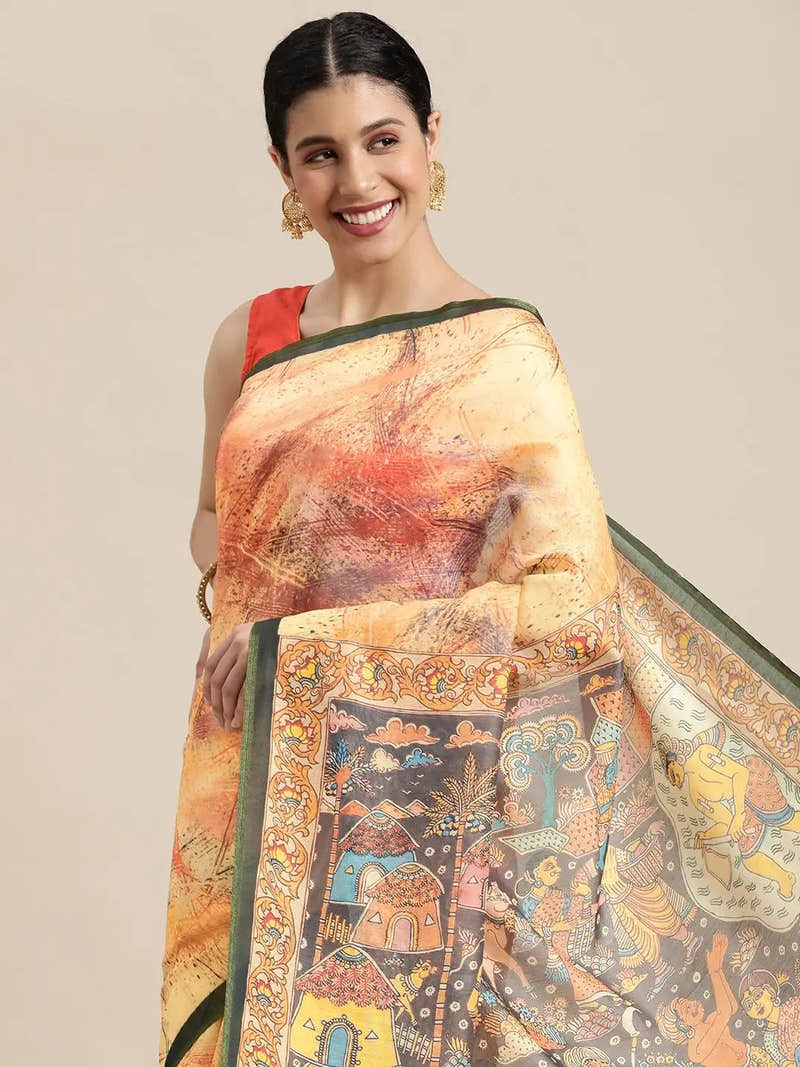 Mustard Colour Kalamkari Digital Print Soft Linen Saree
