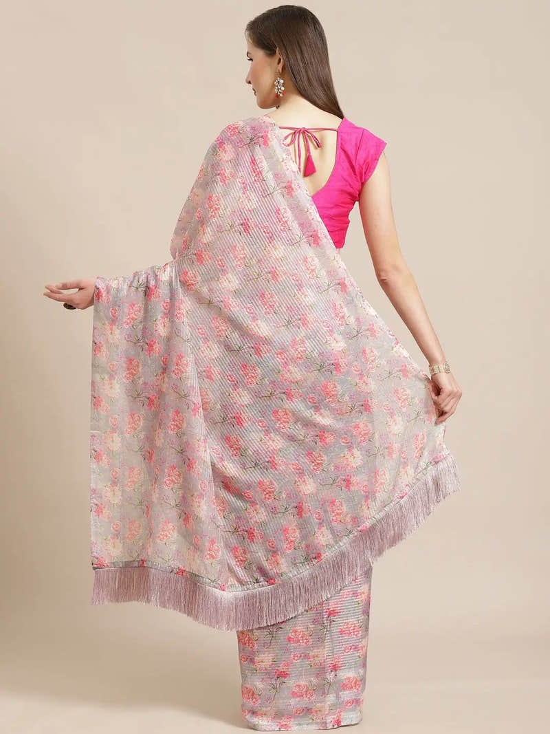 Stylish Pink Colour Poly Chiffon Floral Digital Print Saree