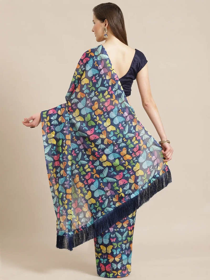Stylish Poly Chiffon Butterfly Print Saree