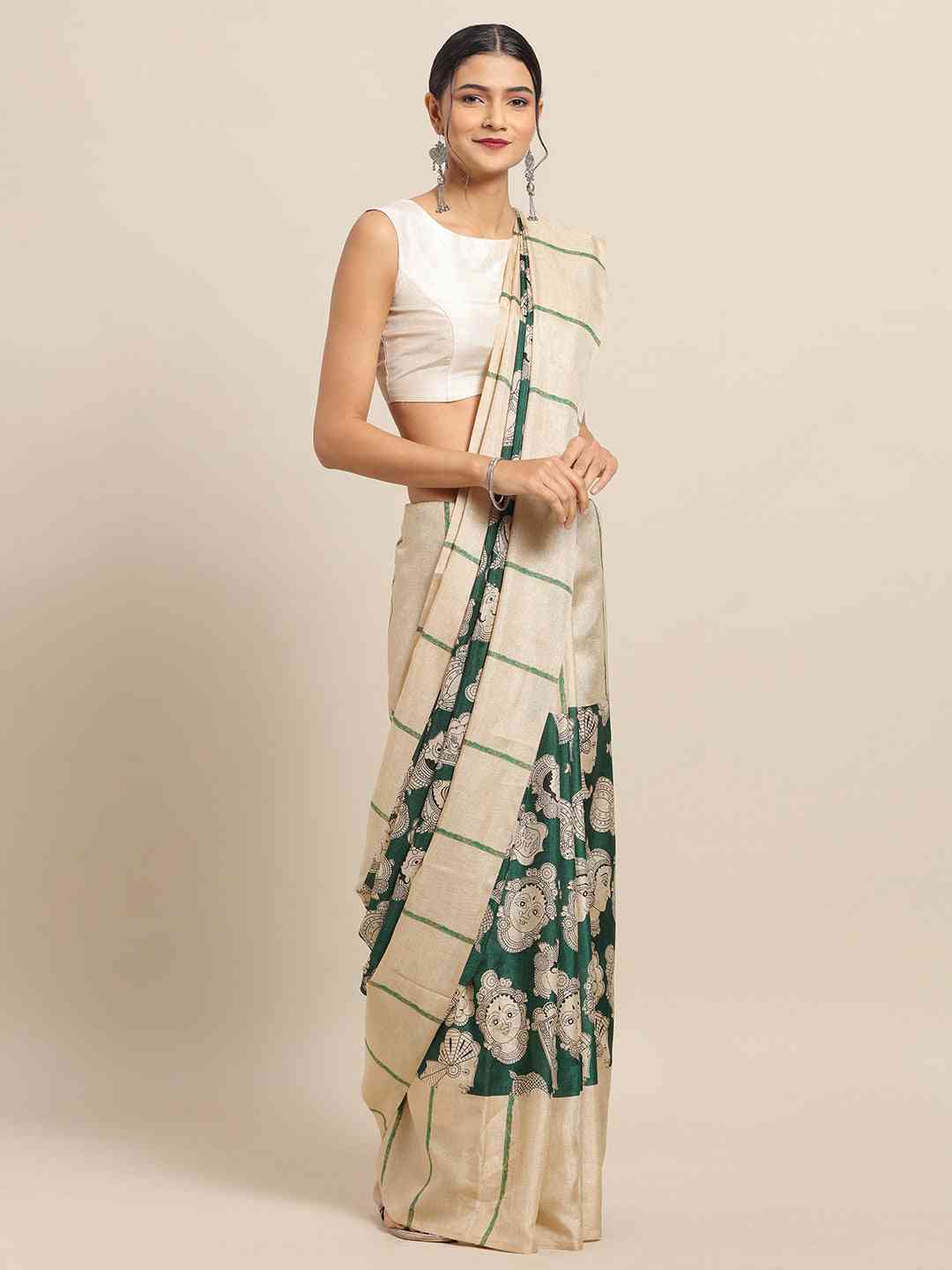 Exclusive Stylish Linen Kalamkari Printed Chanderi Saree