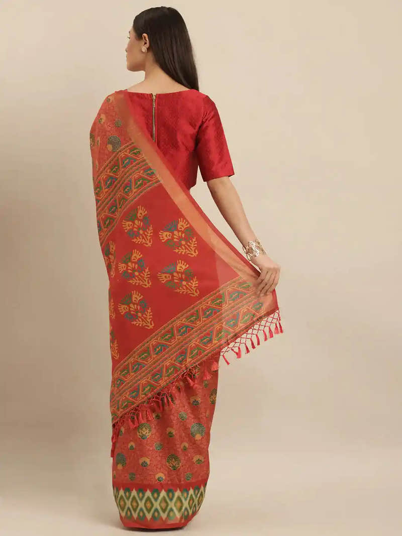 Beautiful Linen Red Colour Pochampally Zari Woven Design Saree