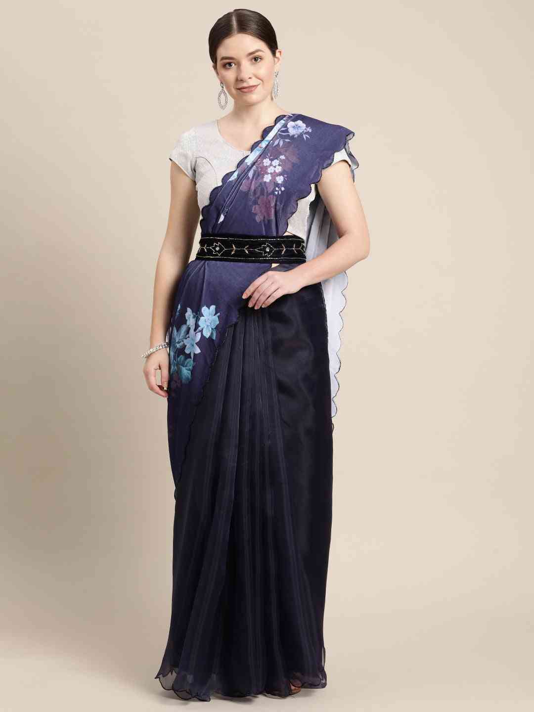 Navy Colour Floral Printed Saree with Embroidered Work