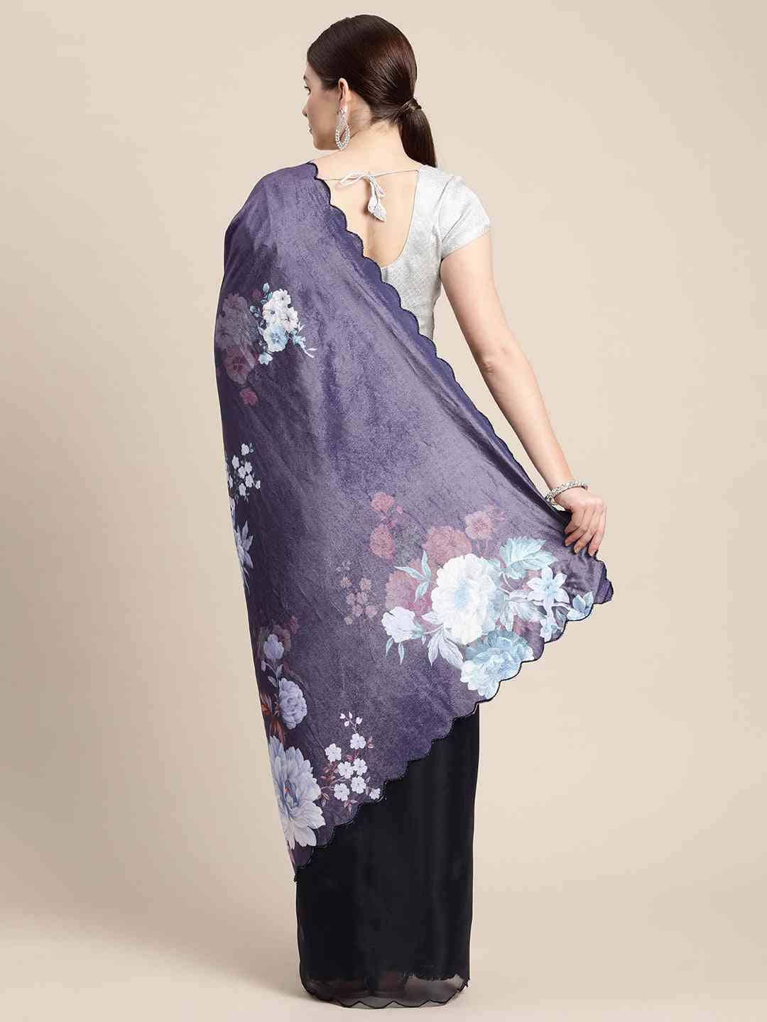 Navy Colour Floral Printed Saree with Embroidered Work