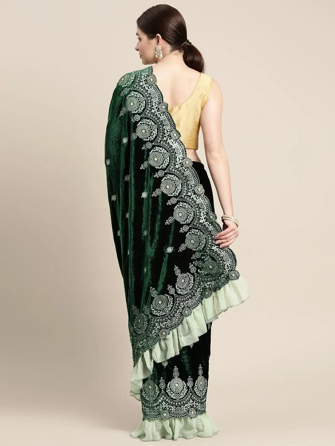 Green Colour Embroidered Velvet Saree with Ethnic Motifs