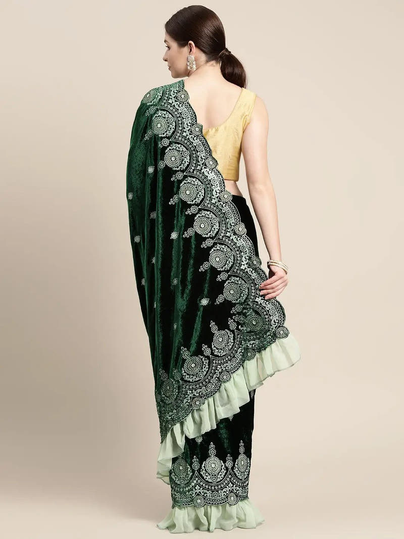 Green Colour Embroidered Velvet Saree with Ethnic Motifs