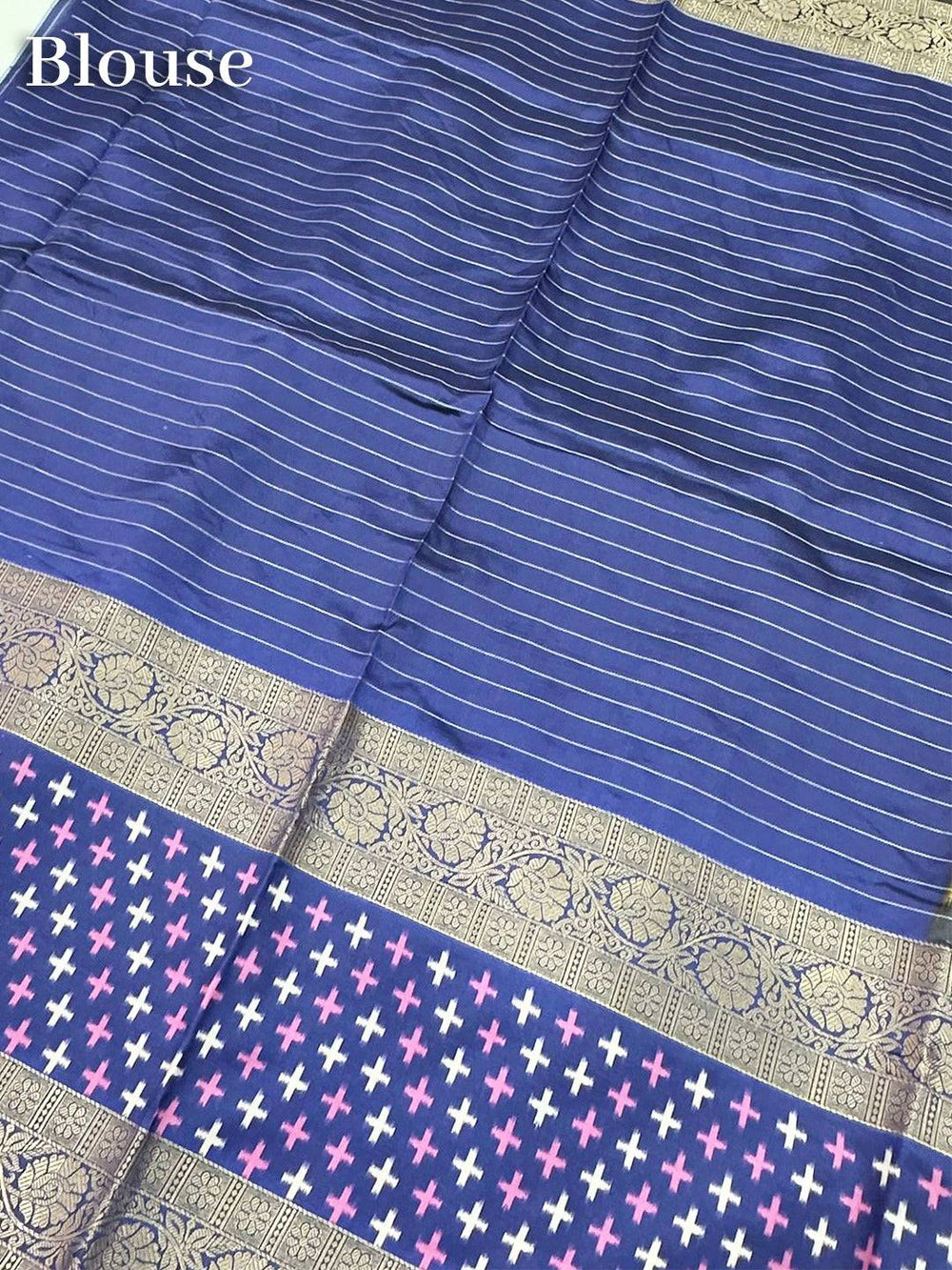 Blouse piece of Green Chex Ikkat Saree with striped pattern