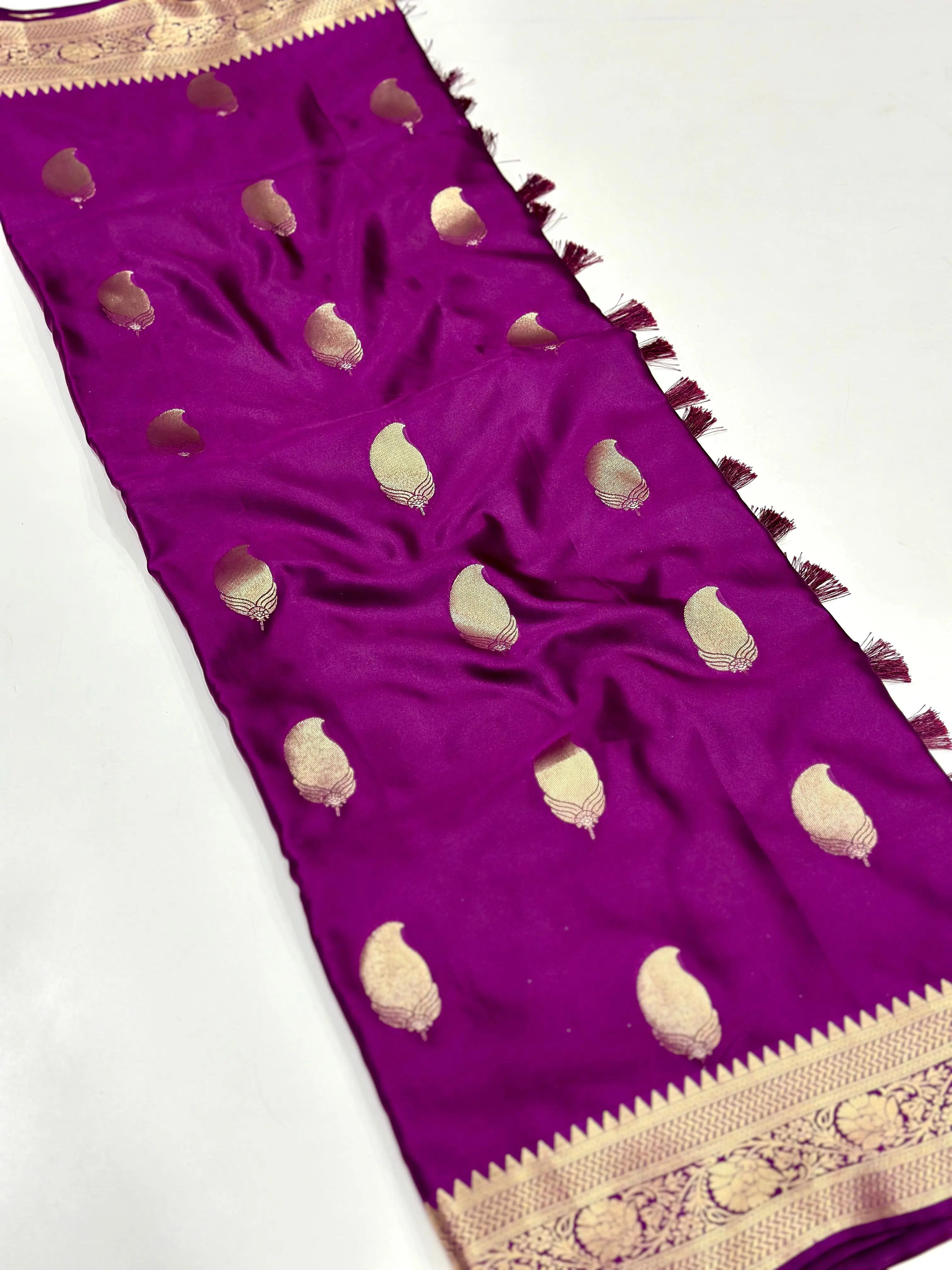 Wine Banarasi Soft Satin Masru Mango Silk Saree