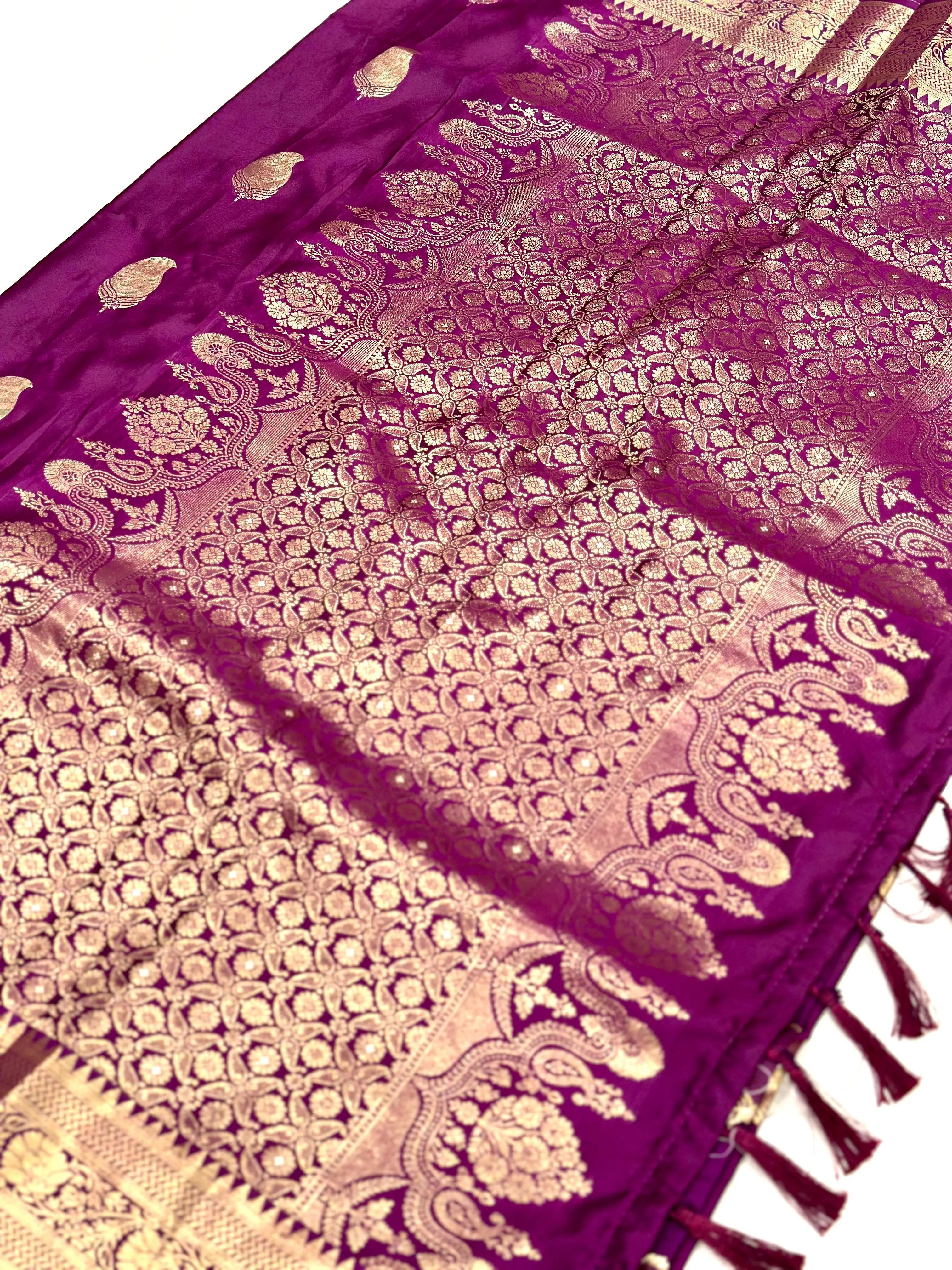 Wine Banarasi Soft Satin Masru Mango Silk Saree