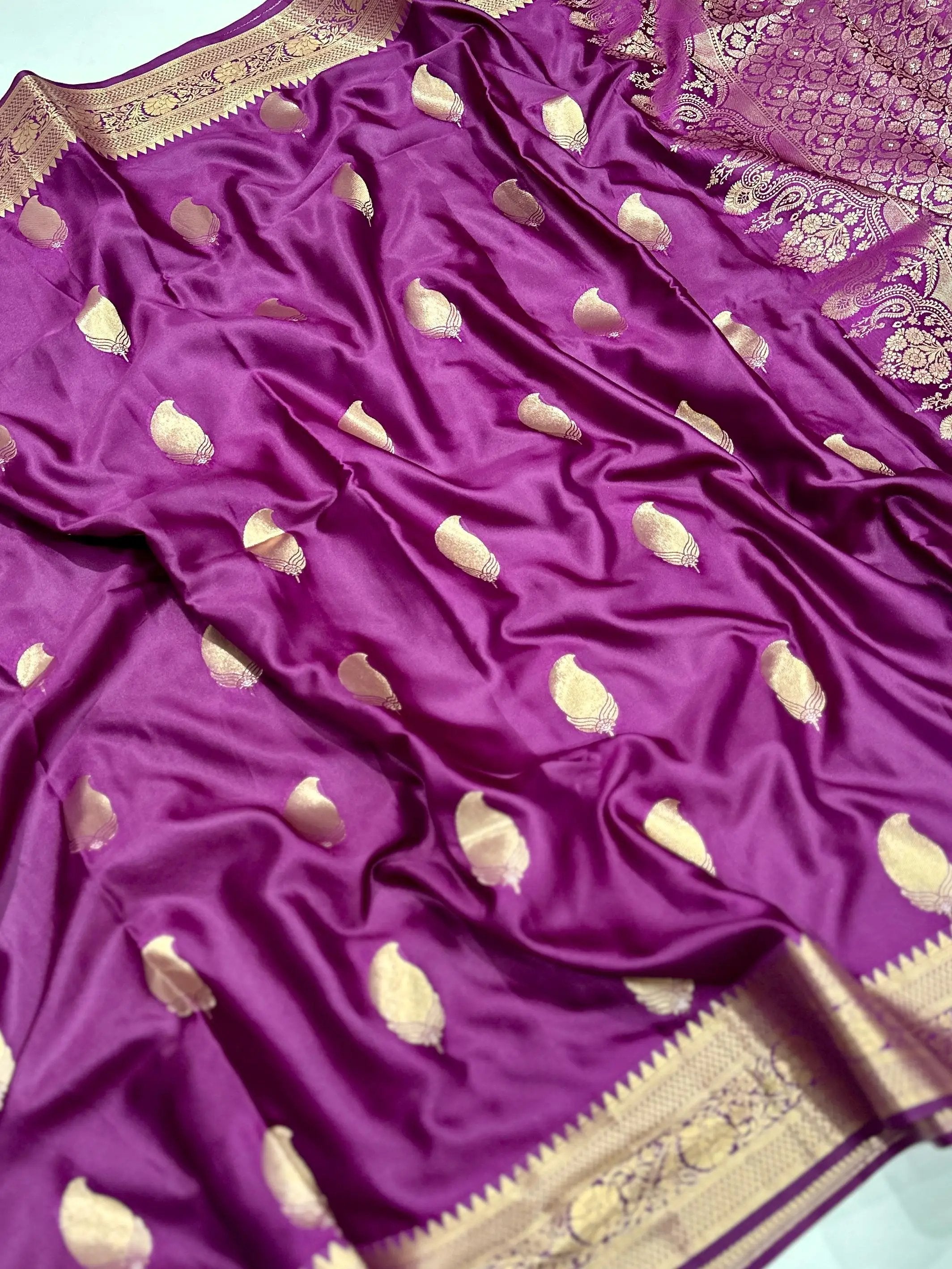 Wine Banarasi Soft Satin Masru Mango Silk Saree