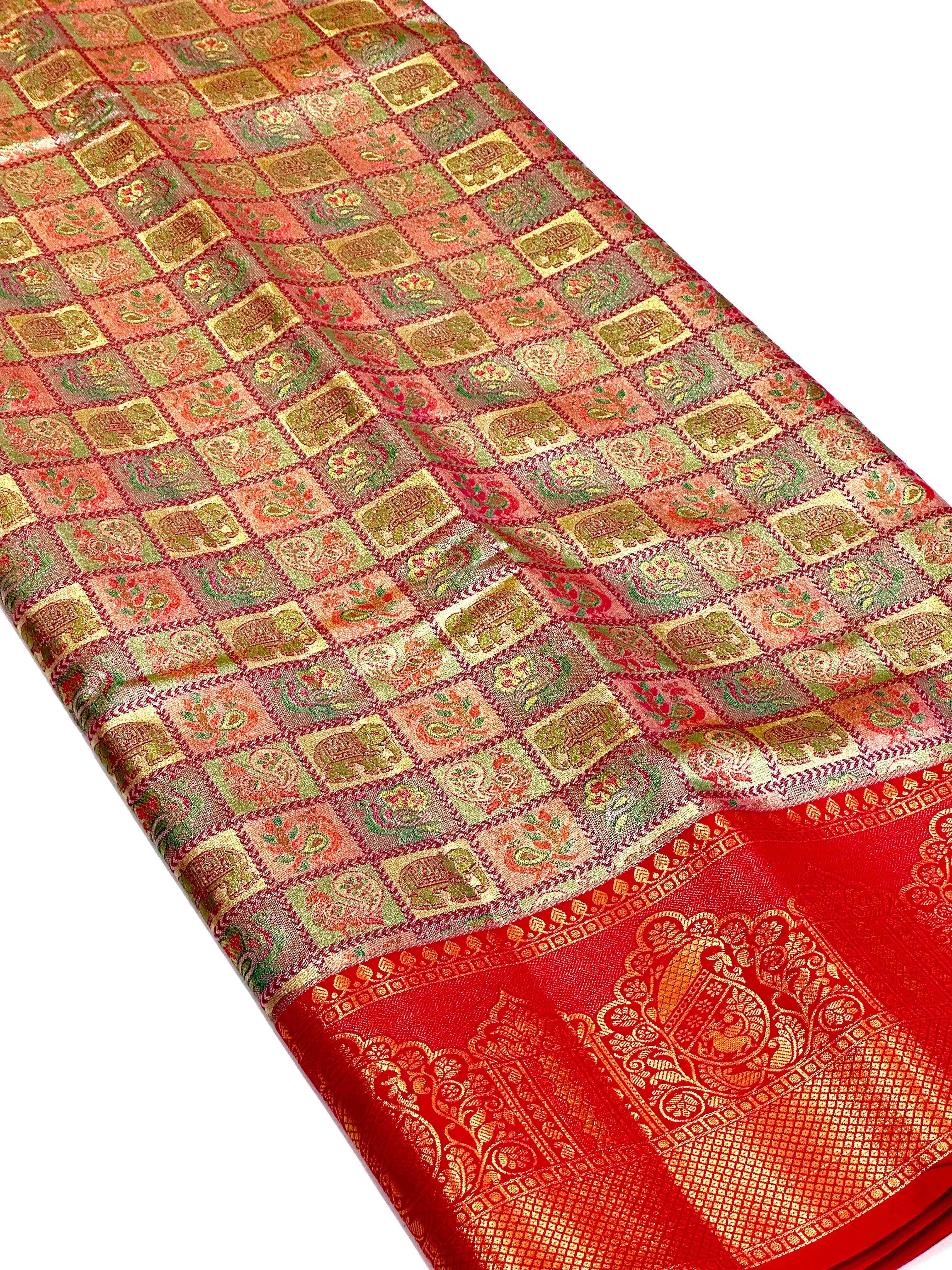 Pink Animal Motif Saree With Gold Zari Border