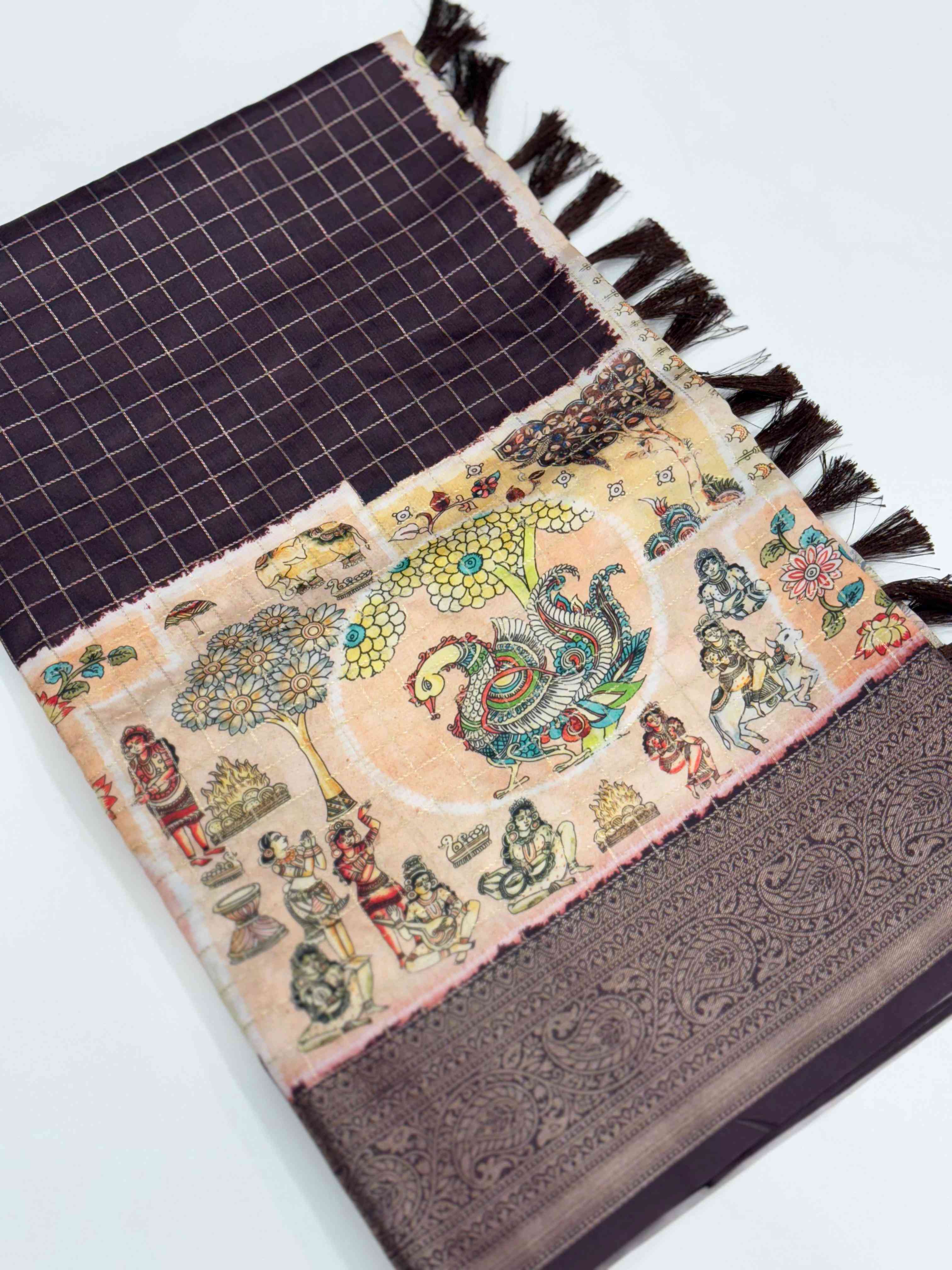 Artisanal Brown Silk Blend Kalamkari Saree