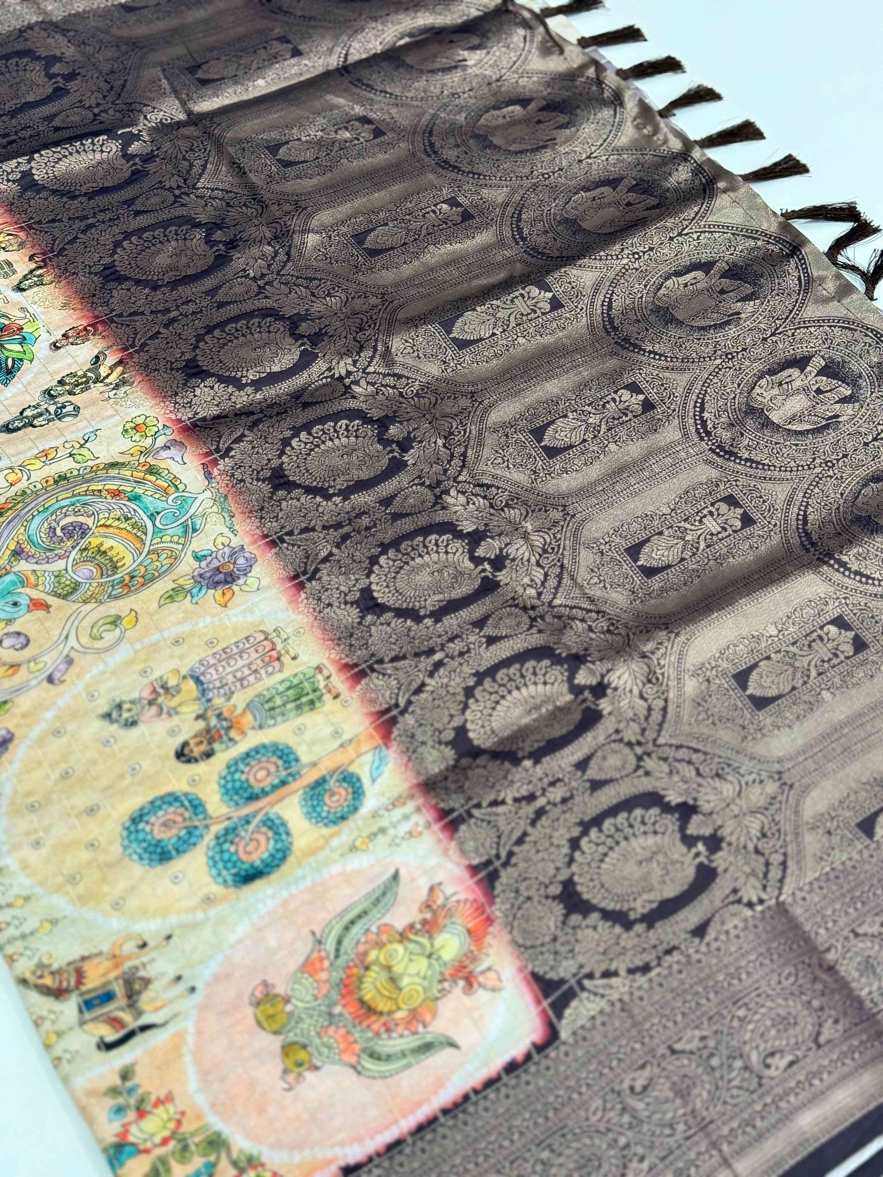 Artisanal Brown Silk Blend Kalamkari SareE