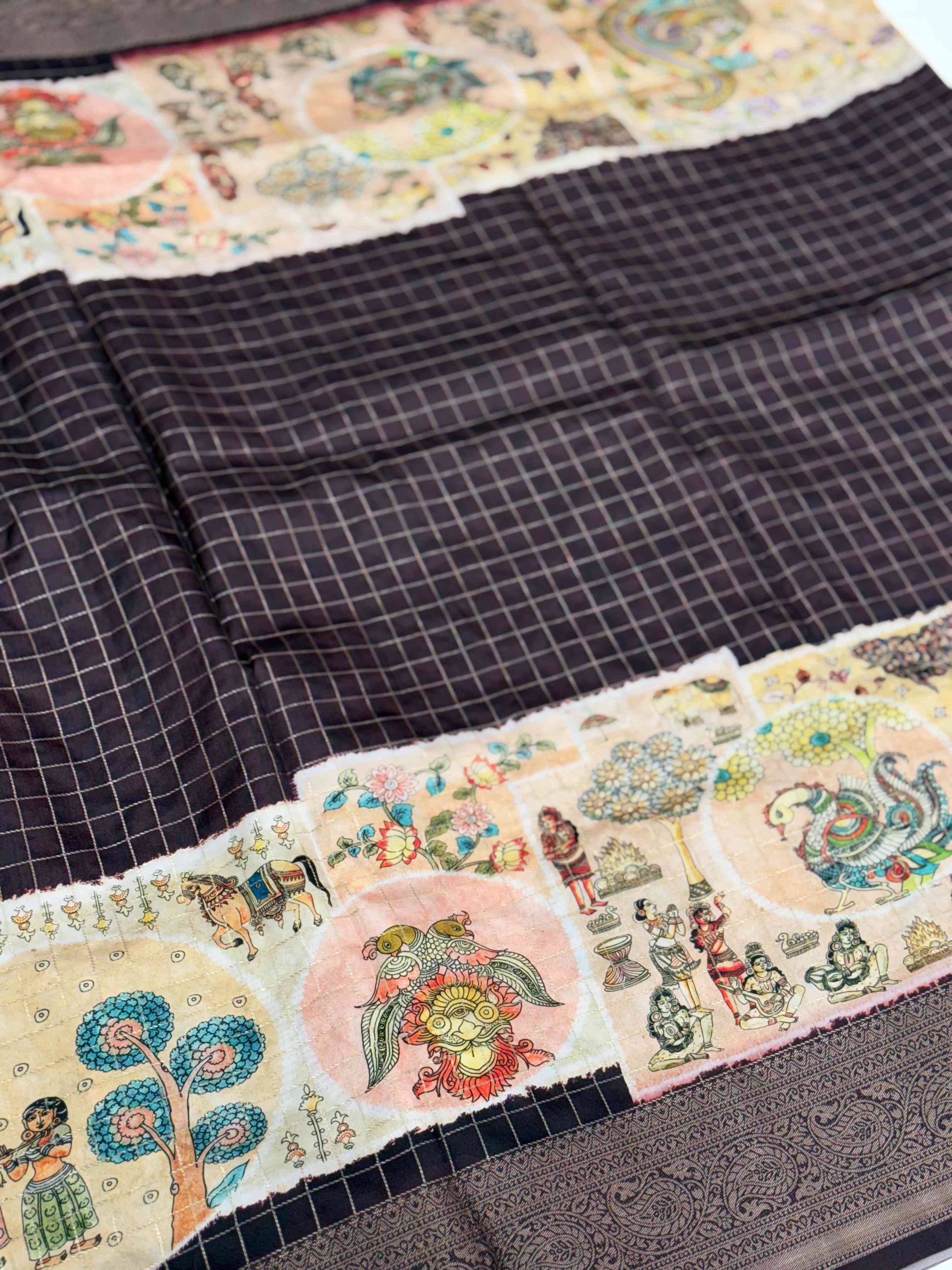 Artisanal Brown Silk Blend Kalamkari Saree