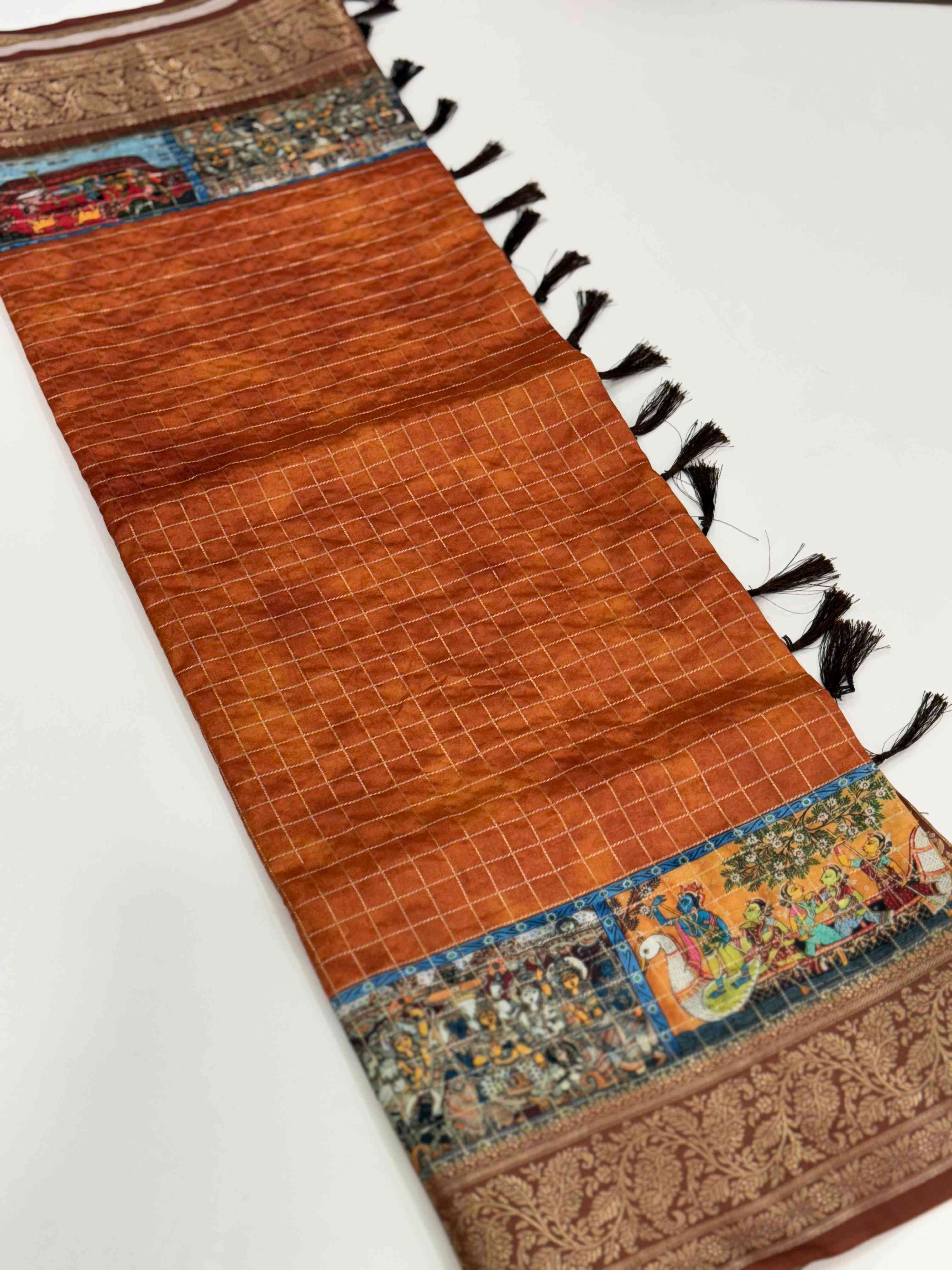 Rust Orange Tussar Silk Kalamkari Checkered Saree
