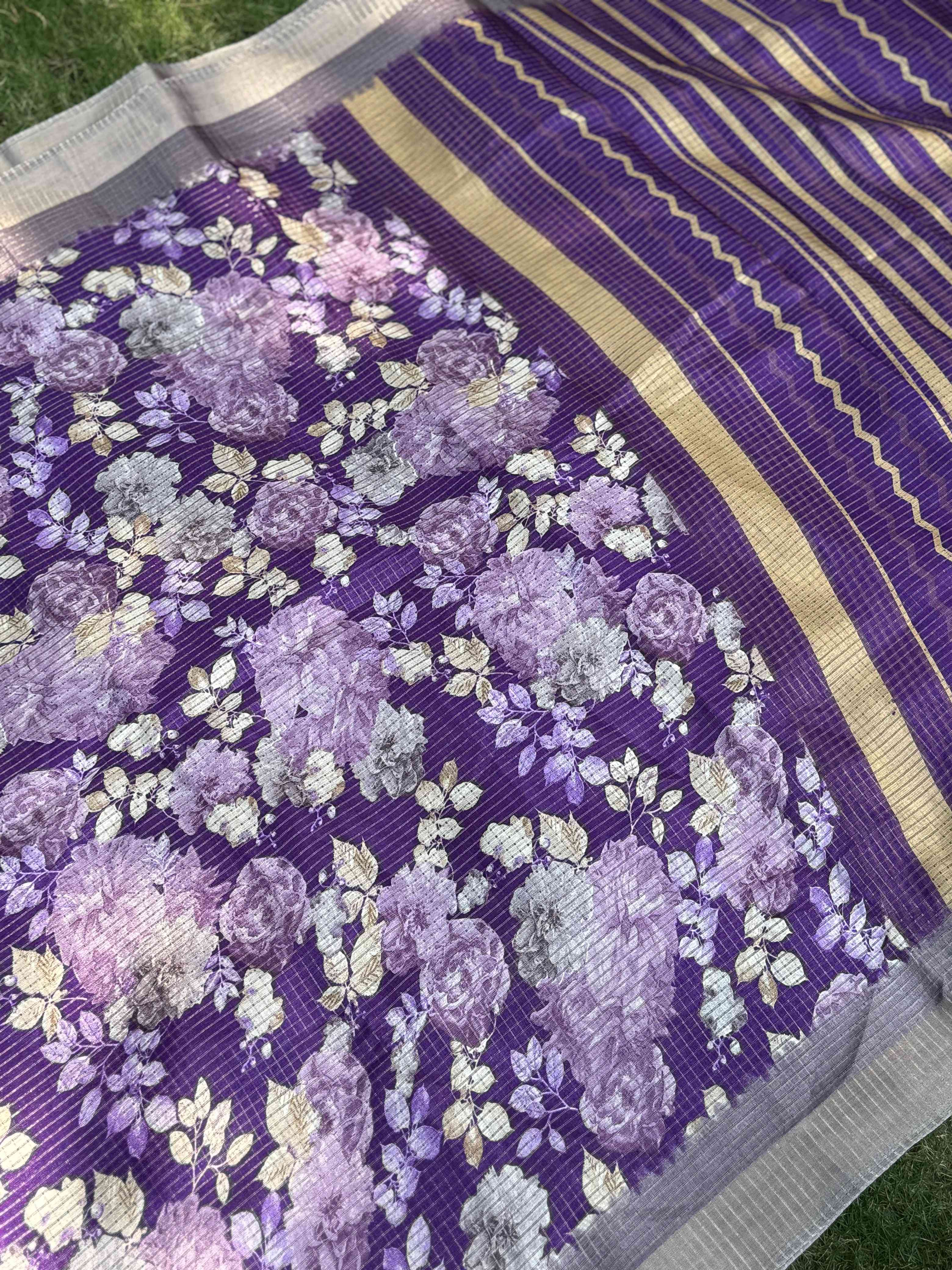 Purple Tussar Chex Floral Saree
