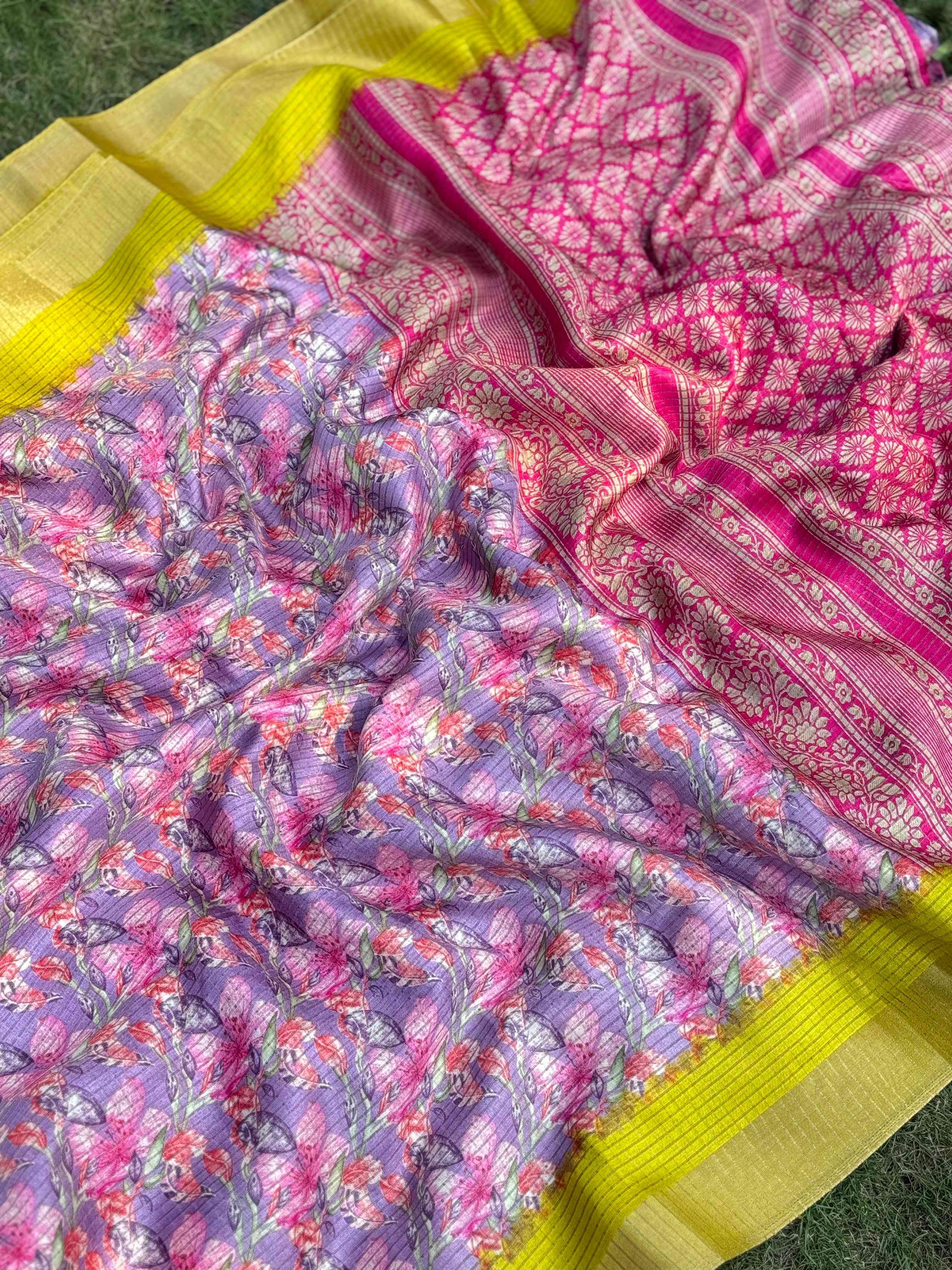 Lavender Tussar Chex Floral Saree