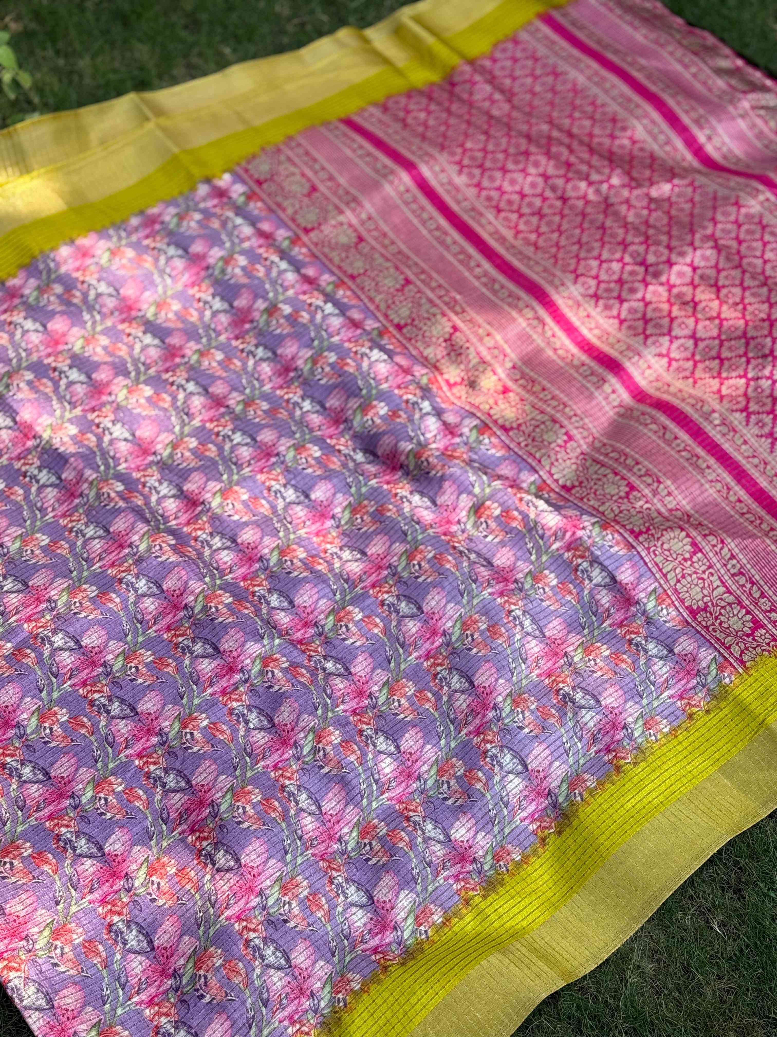 Lavender Tussar Chex Floral Saree