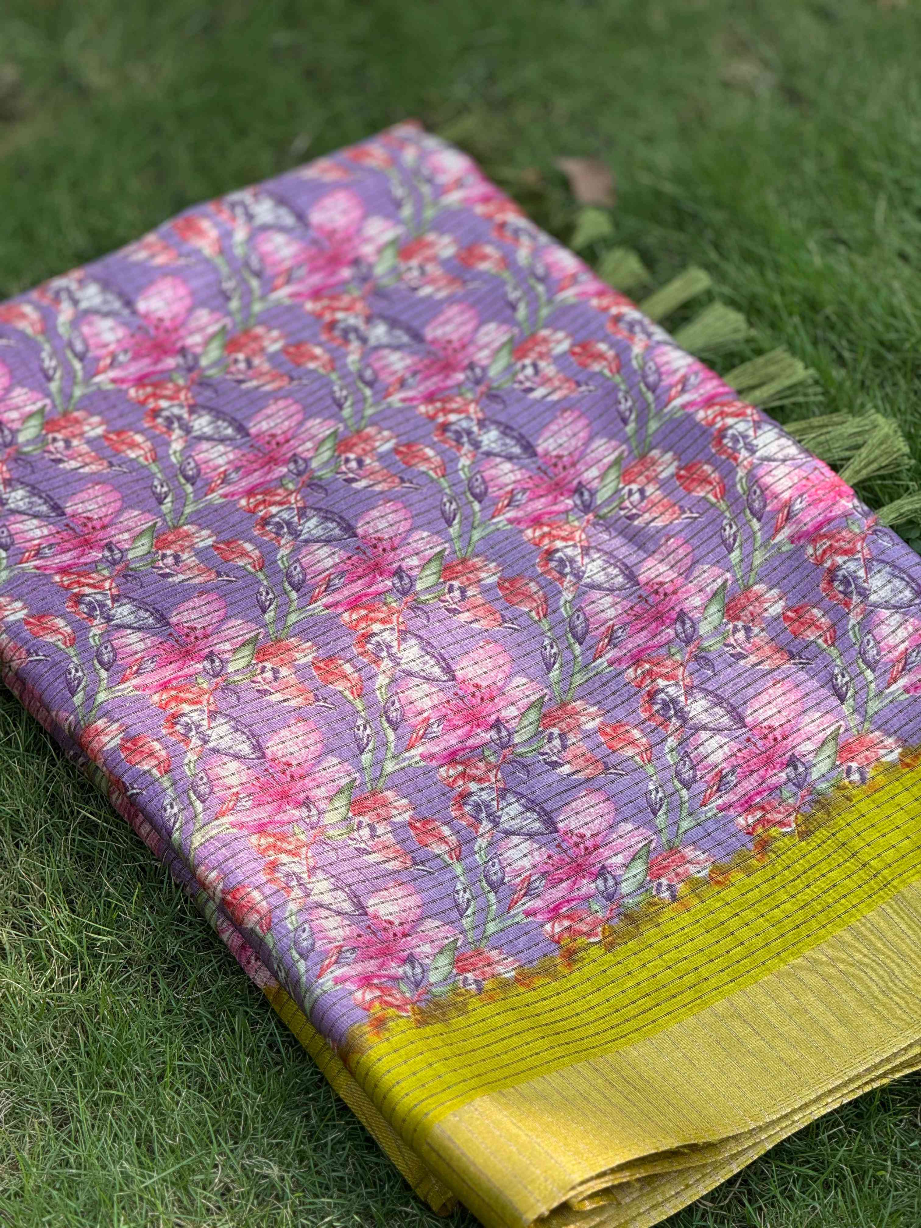 Lavender Tussar Chex Floral Saree